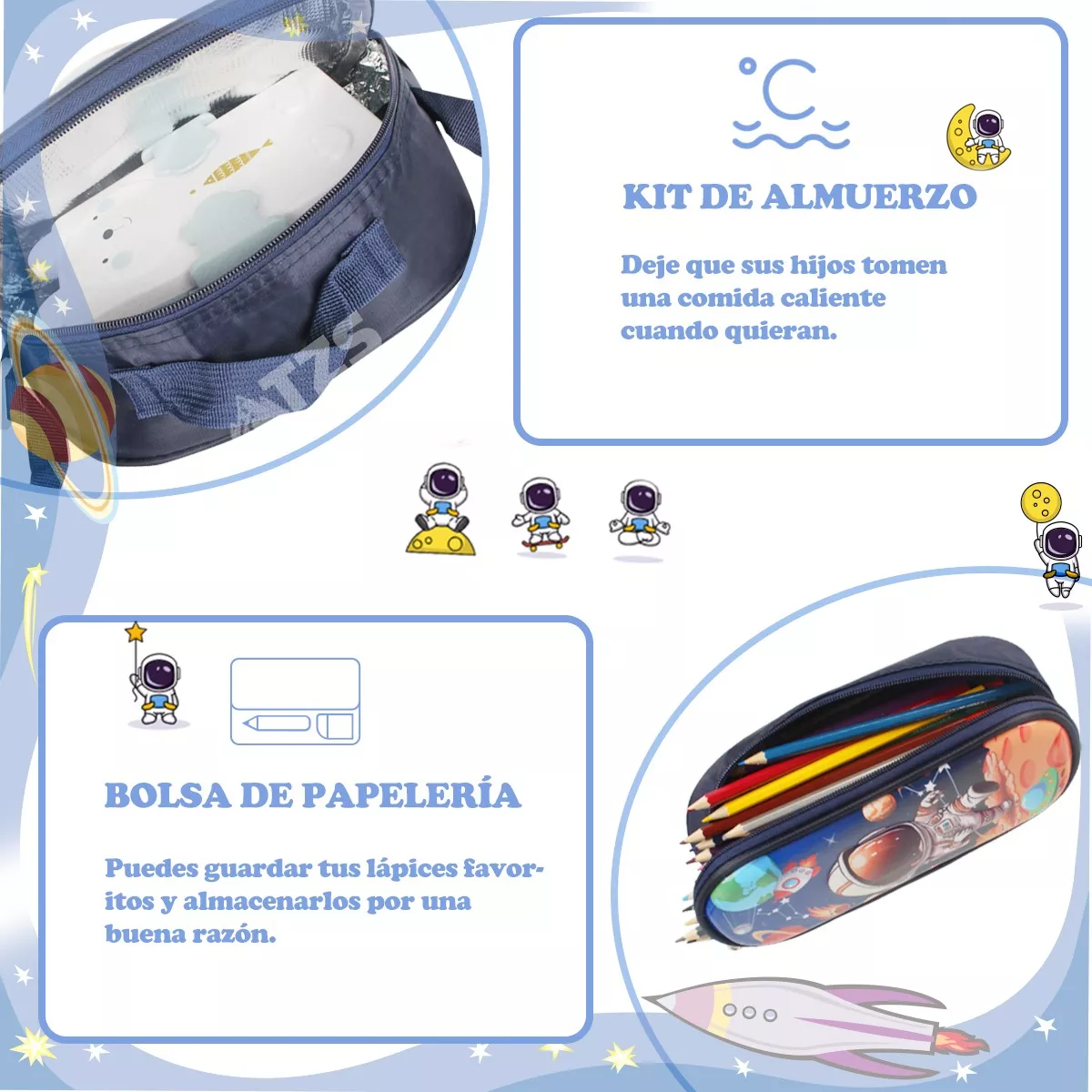 Mochila Escolar Astronautas Para Niño Con Lonchera Lapicera Juego De 3 Piezas