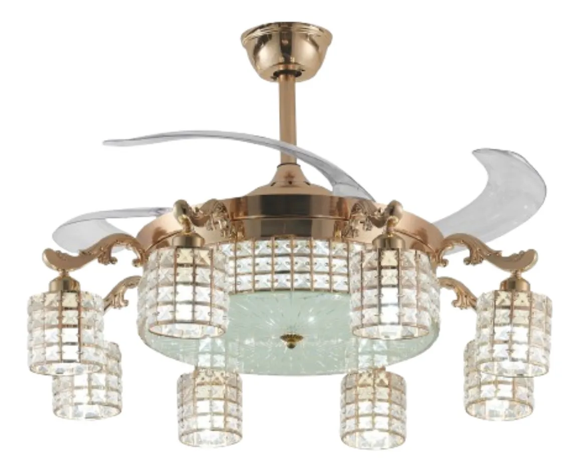 Candil Led Ventilador Plegable Cristaler&iacute;a Control Dorado