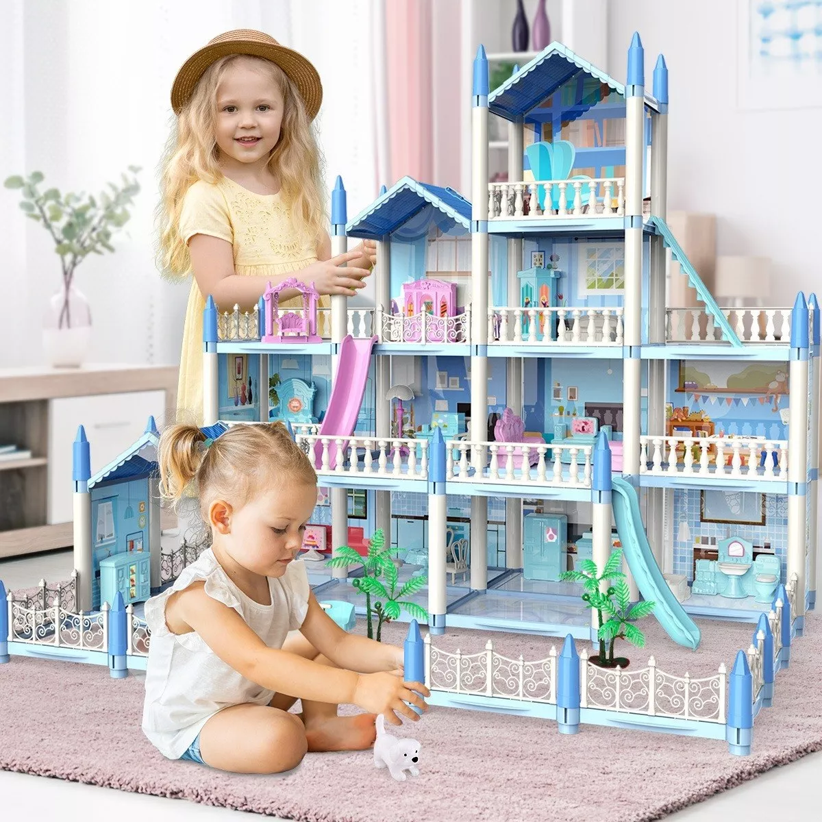 Casa de Muñecas Bricolaje azul con luces
