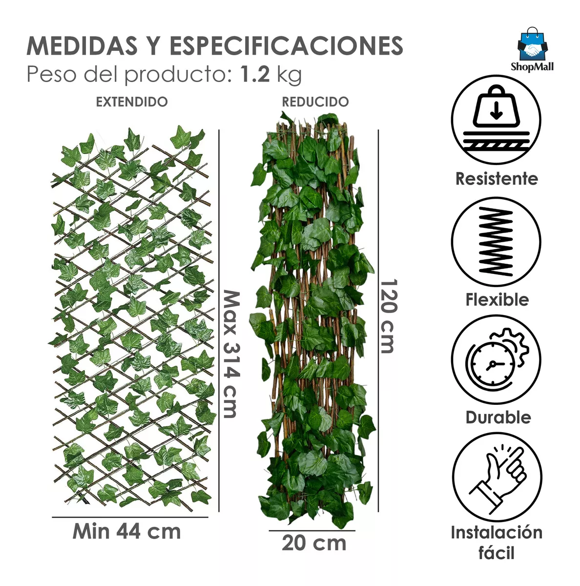 Muro Verde Expandible Follaje Hoja Artificial 1.2 X 3 1 Pz Estructura CAFÉ Planta Verde oscuro