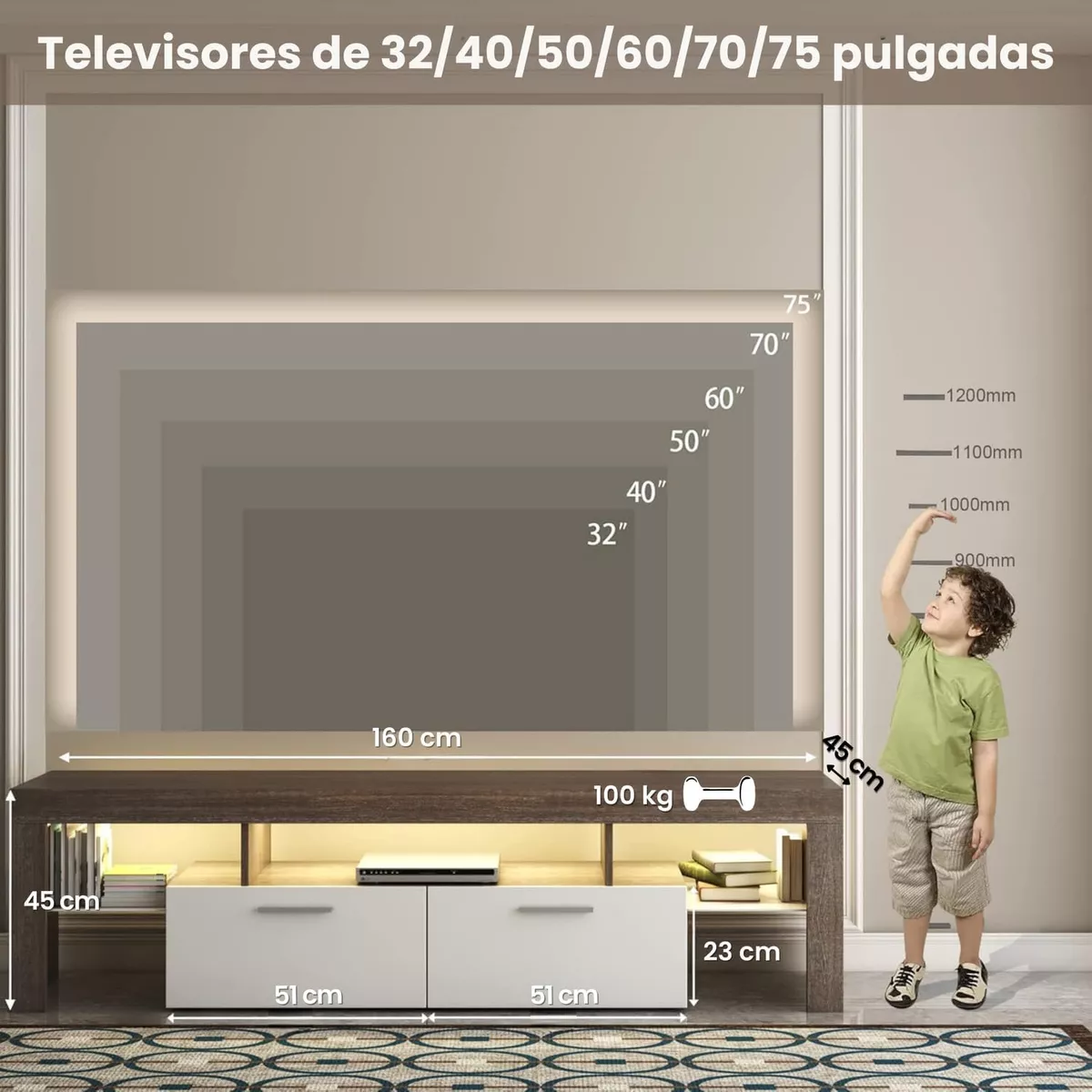 Mueble Para Tv 2 Cajones Y Luces Led Hasta 75 Pulgadas