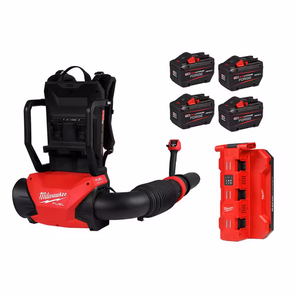Milwaukee M18 FUEL 155 MPH 650 CFM 18V Brushless Cordless Dual Battery mochila Blower w/(4) 12.0 Ah Battery, 6 Port Rapid Charger 3009-20-48-11-1813-48-11-1813-48-11-1813