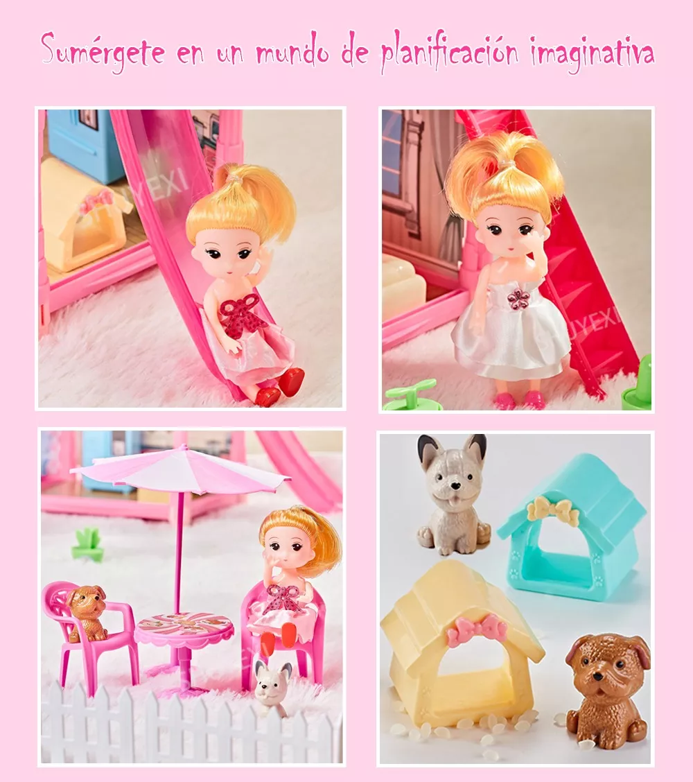 Casa De Muñecas Niña Rosa Con Tobogán De Luz Led Y Muñeca