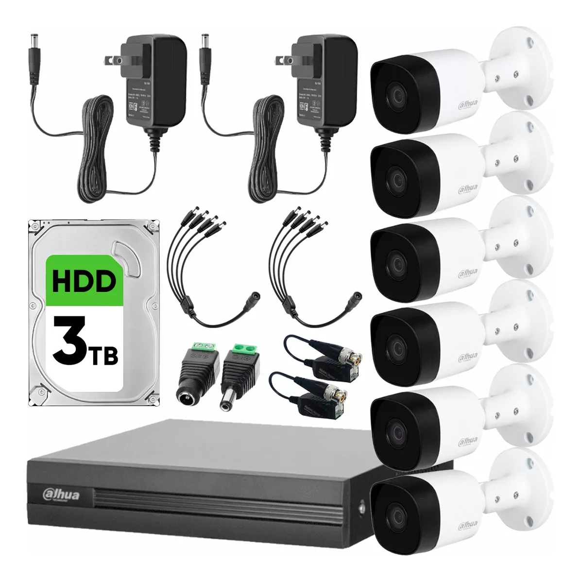 kit Videovigilancia Cronos 6 C&aacute;maras Dahua Met&aacute;licas Bala B2A51 5MP + Hdd 3tb + Transceptores + Accesorios-kit CCTV kit-DHT0250012-PLUS5N (DVR XVR1B08H-I Circuito Cerrado)