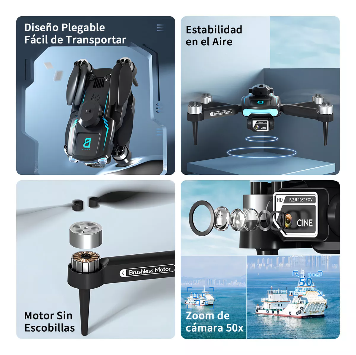 Mini Dron 4K con Doble Cámara HD Profesional Plegable Wifi Tres Baterías Sin Escobillas 2.4Ghz Negro