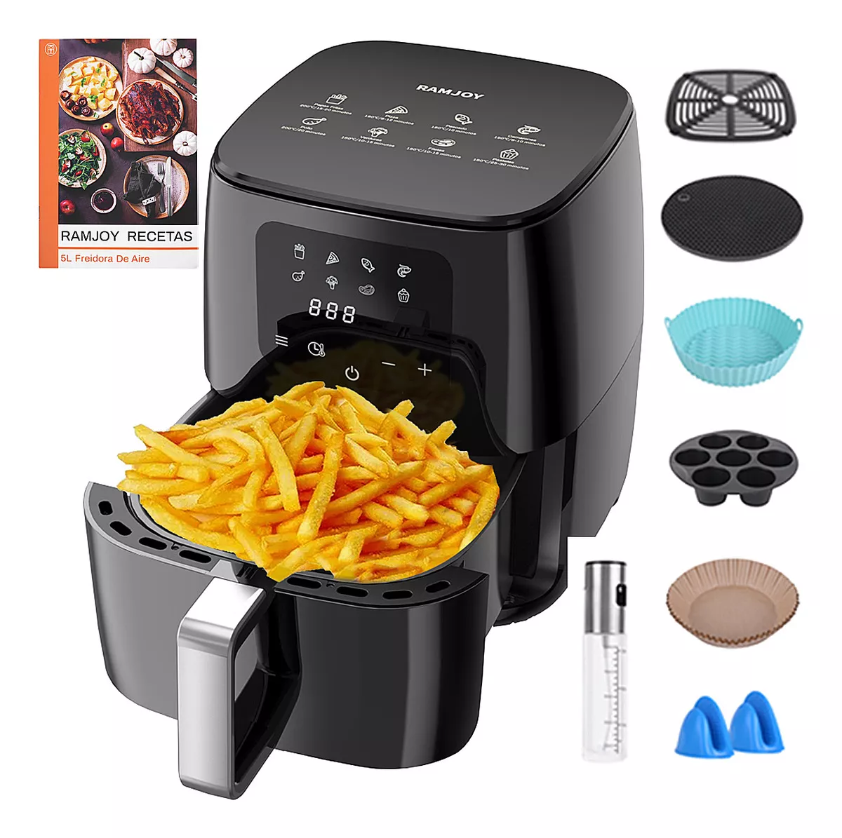 Ramjoy RJ-KZ01 Freidora De Aire Smart Multifunci&oacute;n Con Recetas y Accesorios 5L 1400W Negro 120V