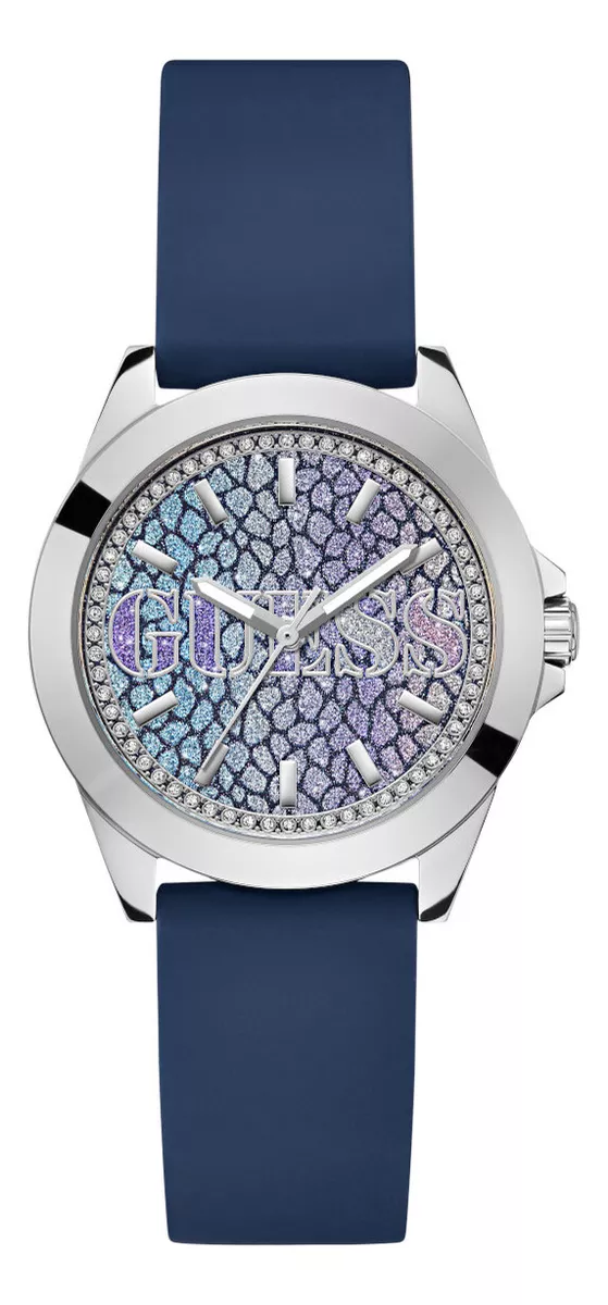 Reloj Guess Gw0749l1 Mujer Plateado. Correa Azul Bisel Plateado Fondo Plateado