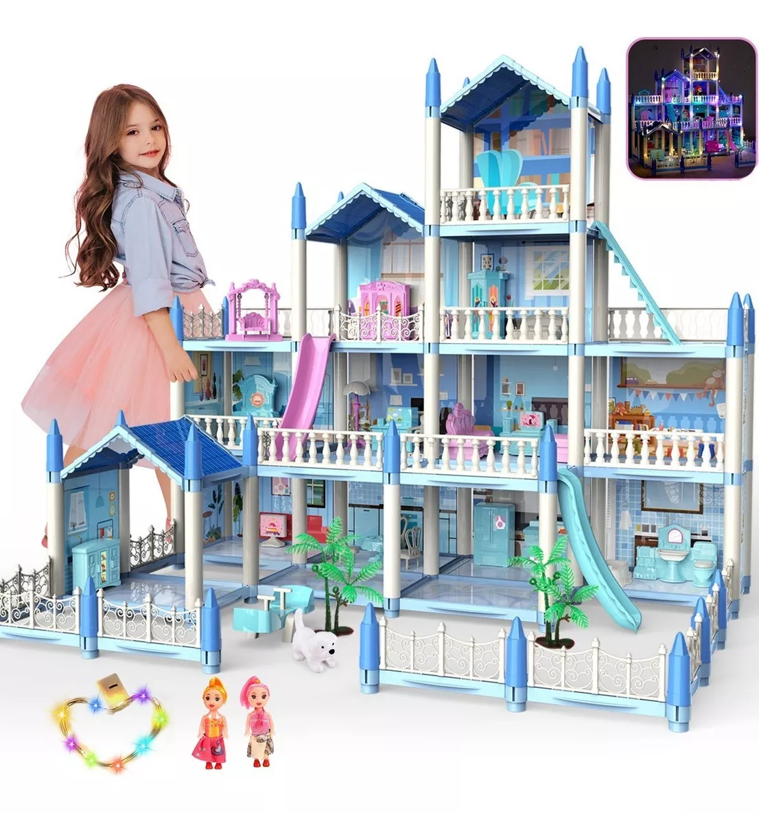 Casa de Mu&ntilde;ecas Bricolaje azul con luces