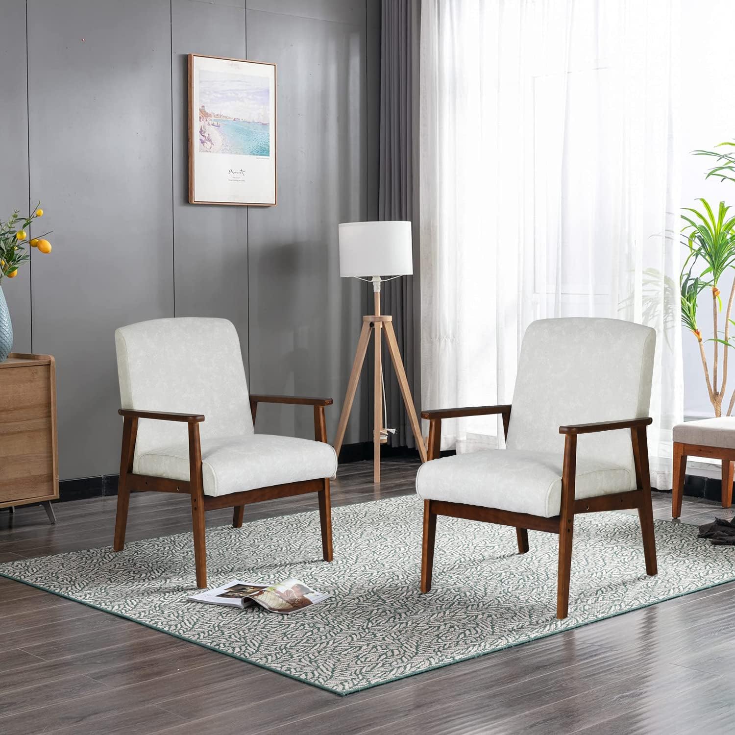 ARREDAMENTI Sillas modernas de mediados de siglo (paquete de 2) con marco de madera, sillas tapizadas para sala de estar, sillones de lectura de tela para dormitorio, terraza acristalada, f&aacute;cil de montar, color verde