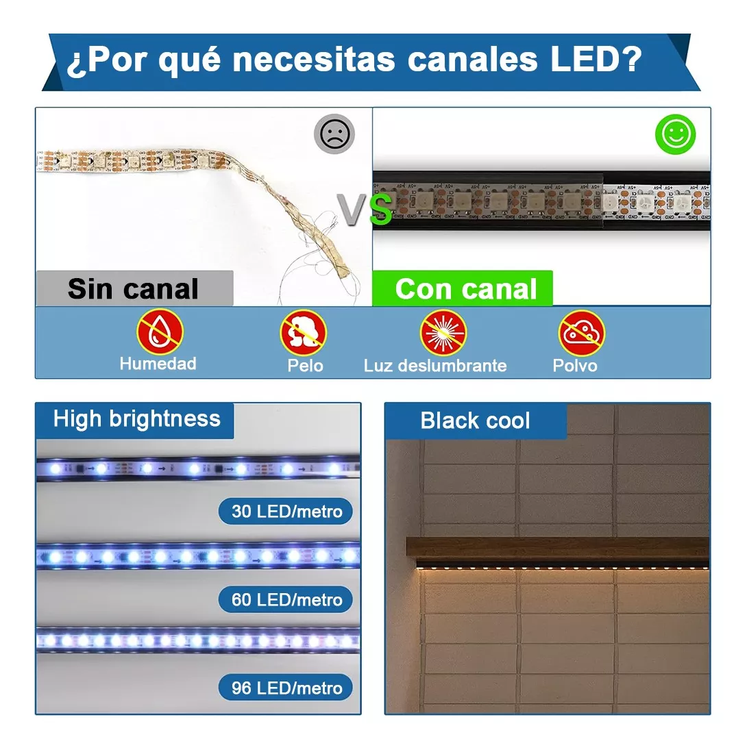 3pcs Perfil De Aluminio Para Tira Led En Casa Oficinas 3m