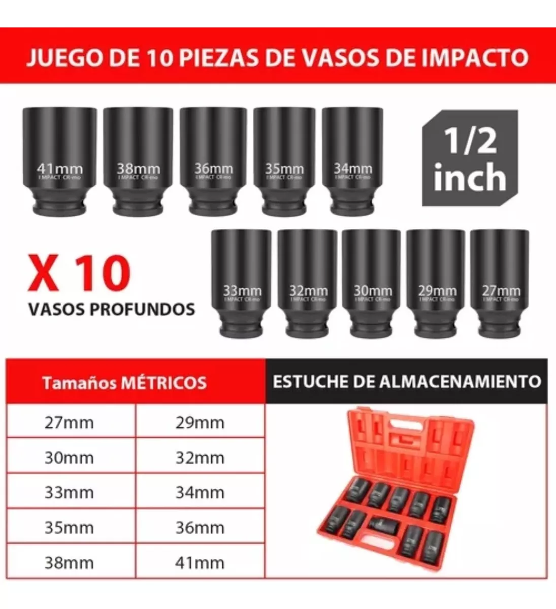 10 Pcs Juego De Dados Impacto 1/2 Grandes 27-41mm Uso Pesado