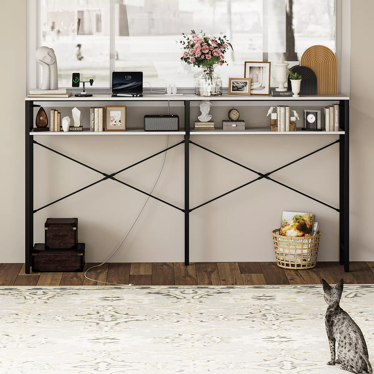 Mesa Consola Moderna Con Dos Hileras De Estantes180*20*105cm