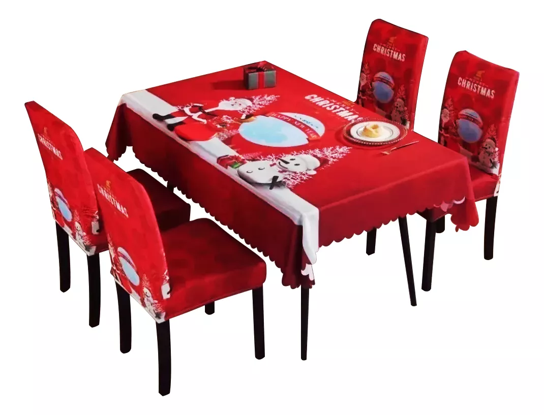 Juego De Mantel Navide&ntilde;o+funda De Silla Pap&aacute; Noel 4pcs 1.8m