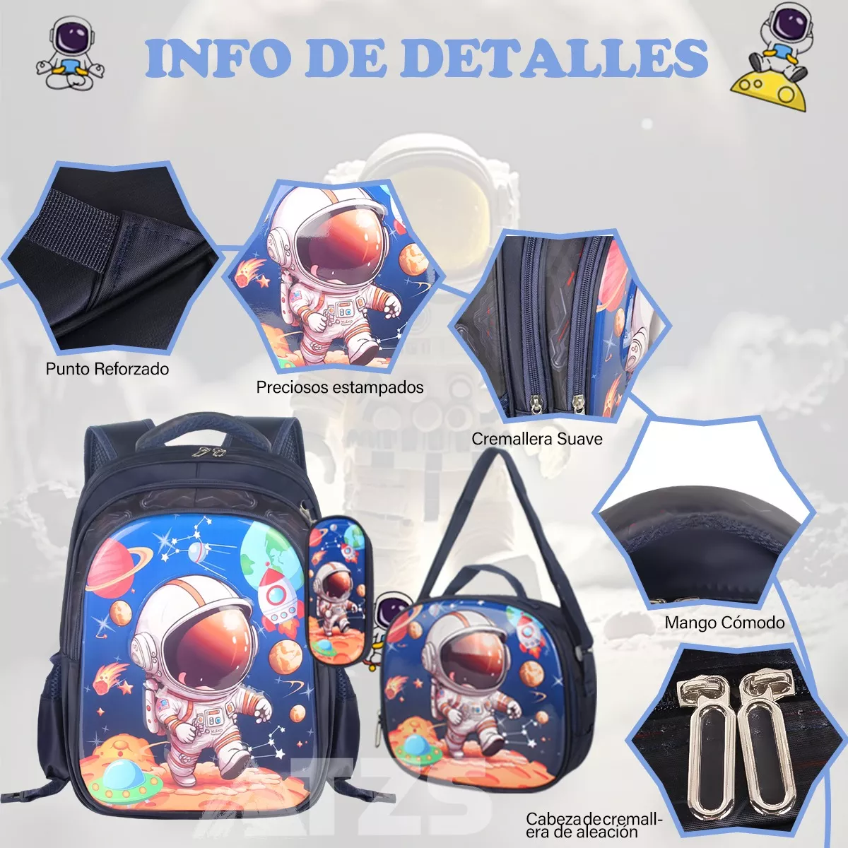 Mochila Escolar Astronautas Para Niño Con Lonchera Lapicera Juego De 3 Piezas