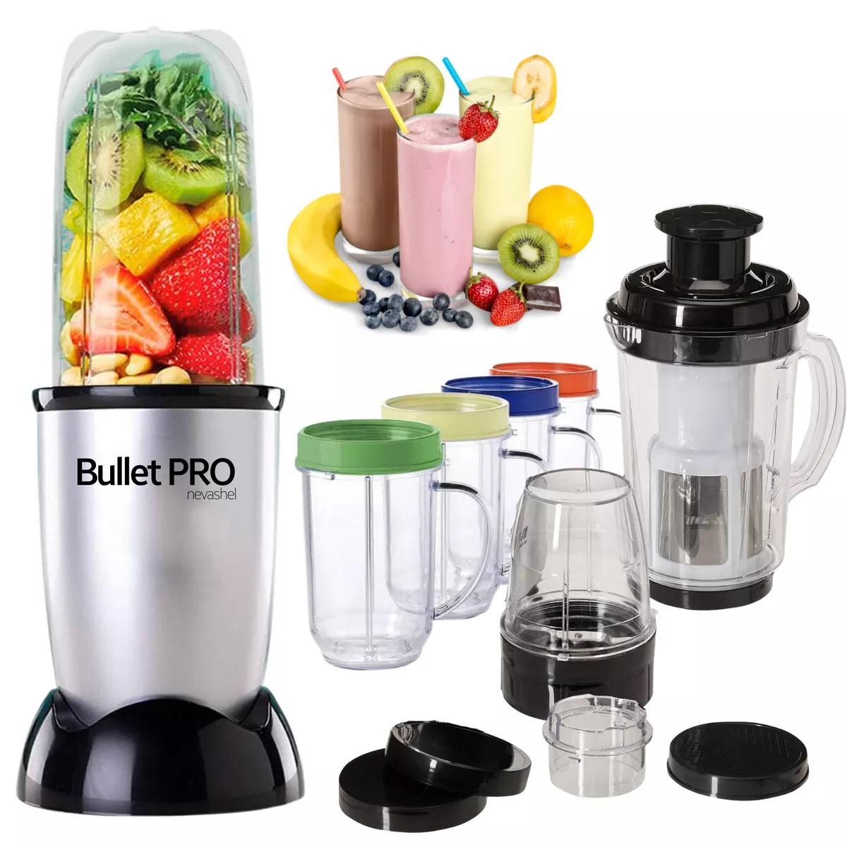 Licuadora Procesador De Alimentos Profesional Potentete 350w Bulletpro Nevashel Ad-05 kit De 21 Piezas Con Tapa Para Llevar, Uso Batir