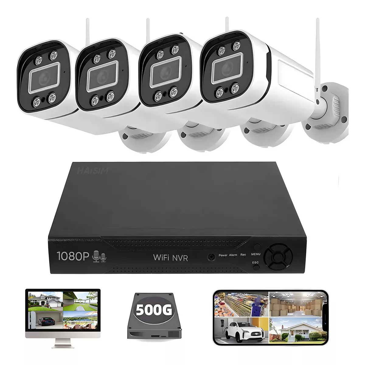 kit Seguridad Camaras Videovigilancia Nvr 4canale Disco500gb color Blanco