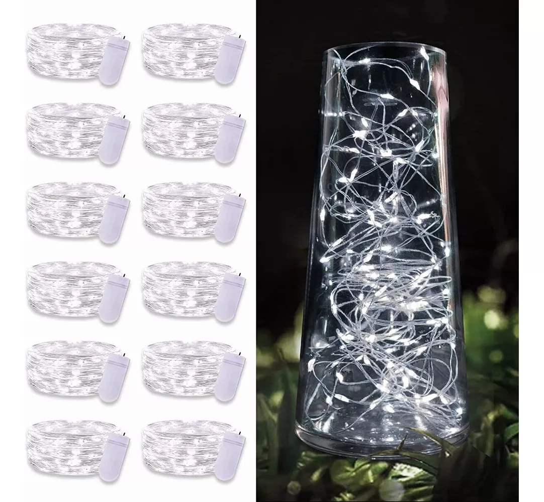 12pcs Cadena De Luces Hadas Con Pilas Dahan 20led*12pcs 2m de largo 5V-blanco frío con cable plateado