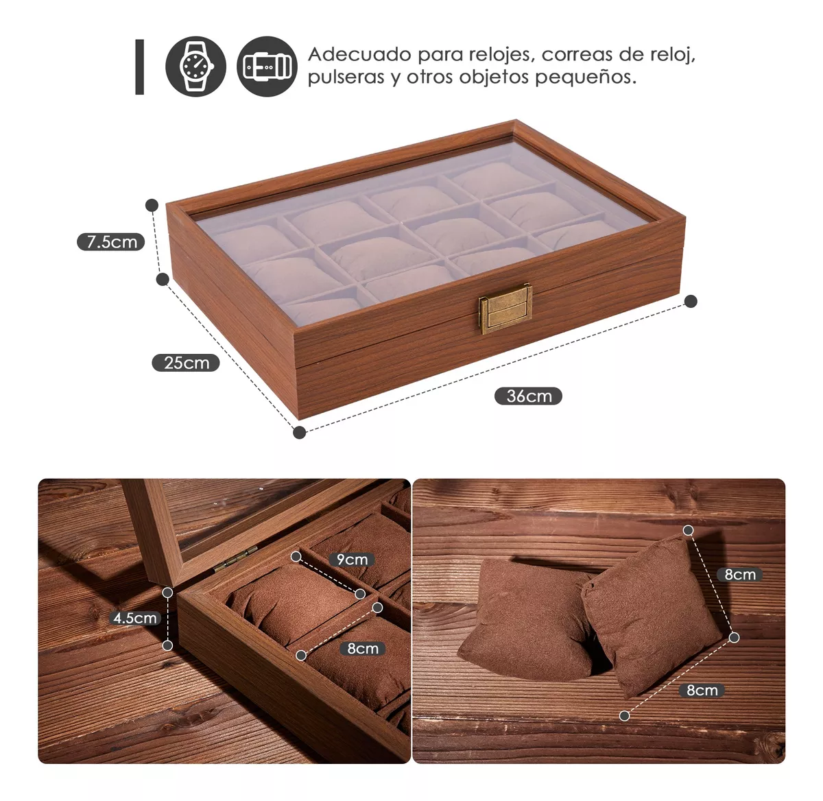 Caja Para Relojes Y Alhajero Con 12 Compartimentos En Nogal