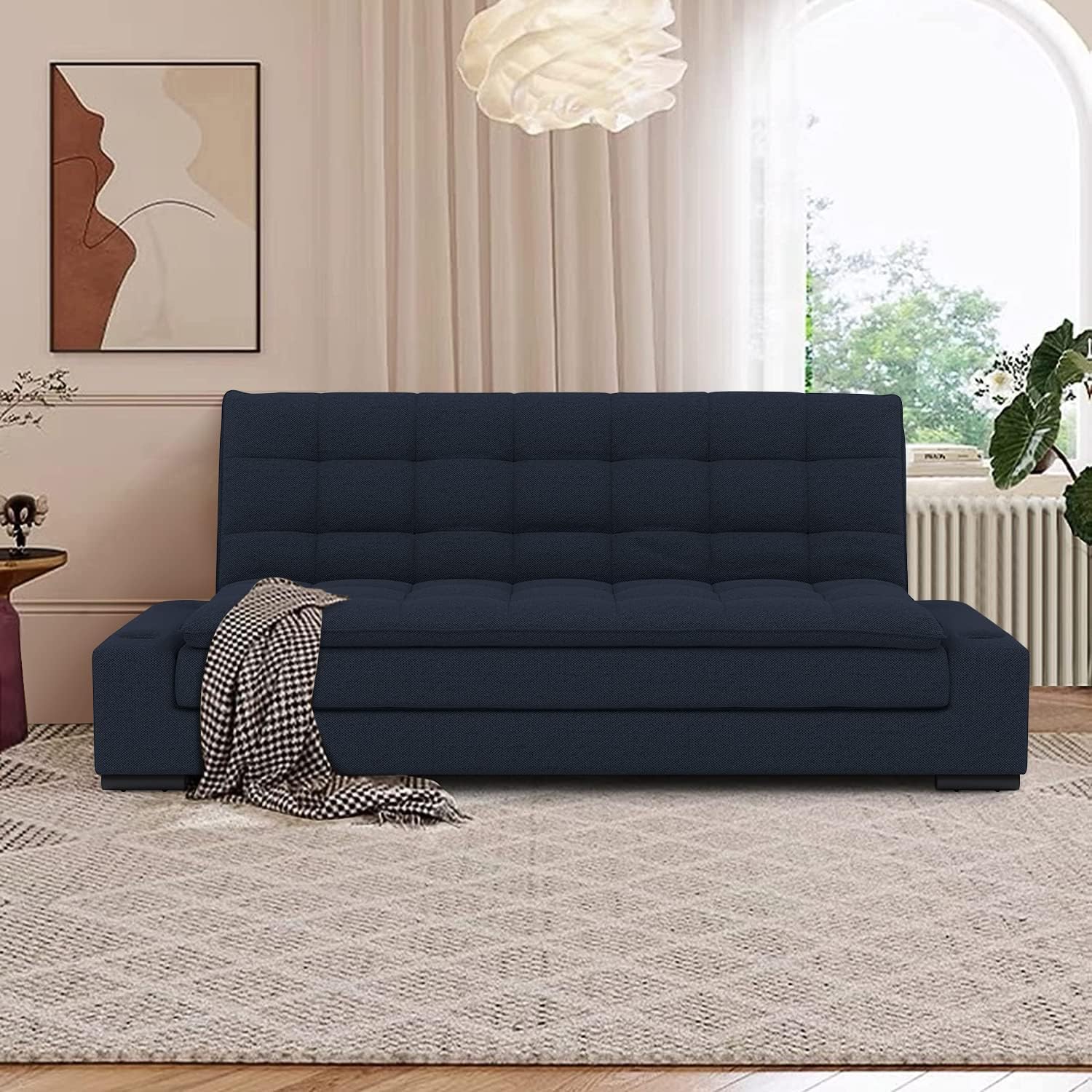 HOMEMAKE FURNITURE Sof&aacute; Cama Matrimonial Multifunci&oacute;n coj&iacute;n de Respaldo Reversible Sofa de Sala, Sof&aacute; Cama Convertible, 2 Portavasos (Azul)