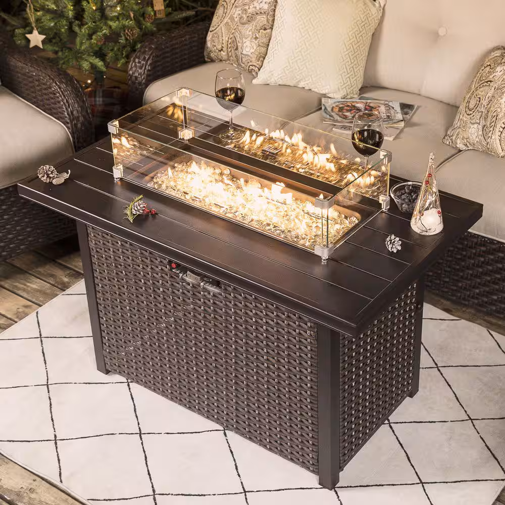 Nuu Garden Brown 43 pulgadas 50000 BTU Mesa rectangular de aluminio para fog&oacute;n de propano para exteriores con tapa protectora contra el viento de vidrio, cuentas de vidrio para fuego AF115C-G