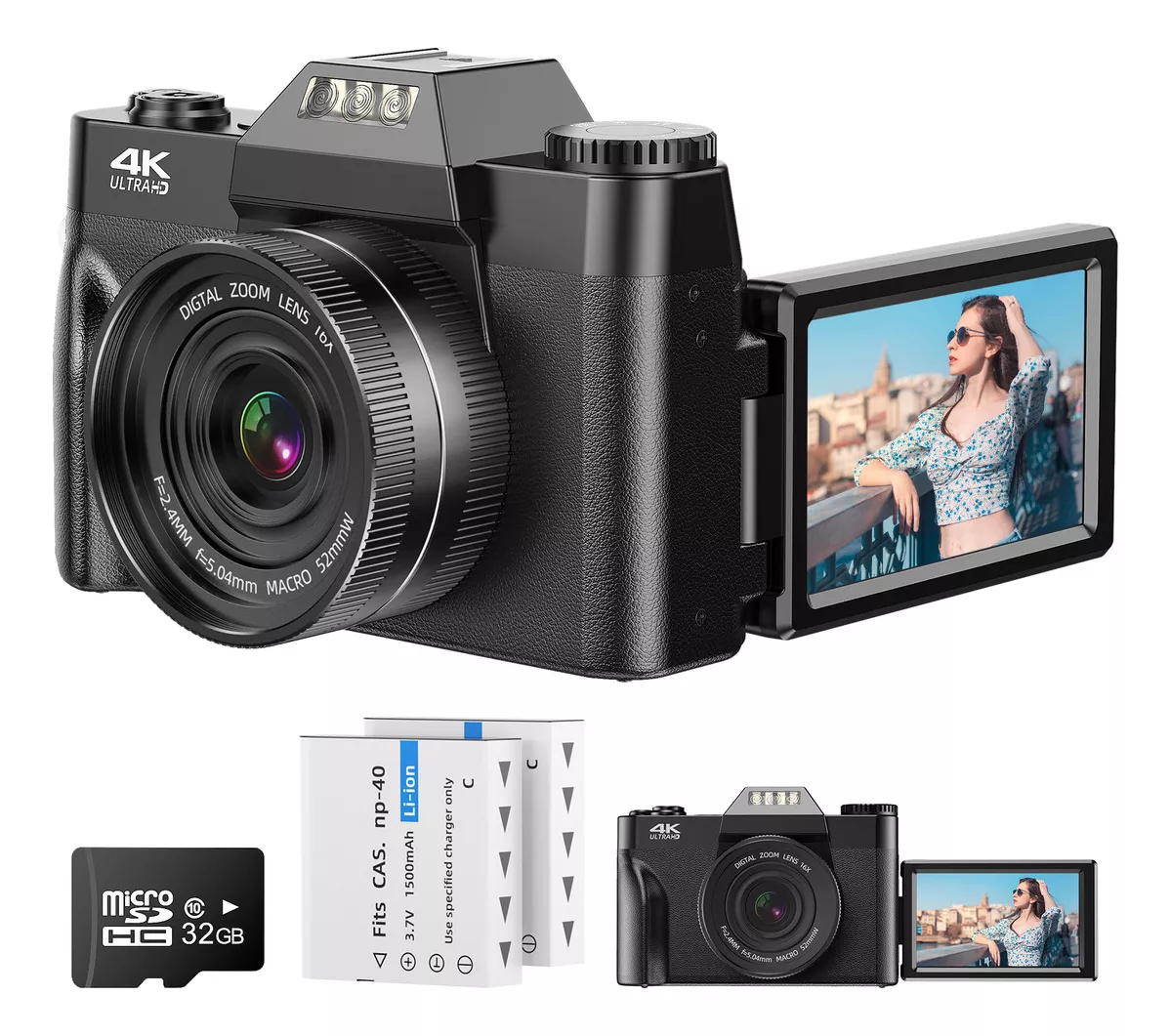 C&aacute;mara Digital Autofocus 4k 56mp Con Pantalla Rotaci&oacute;n 180&deg; Uhd Vlogging C&aacute;maras Digitals 16x Zoom C&aacute;mara Compacta De 3.0 Pulgadas Webcam Filtros V&iacute;deo C&aacute;mara Para Principiantes Adulto 2 Bater&iacute;as 32gb