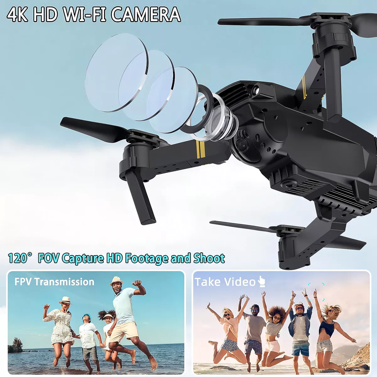 Mini drone Jazimerch 4k E58 Dual camera con dual cámara 4K negro 2.4GHz 3 baterías