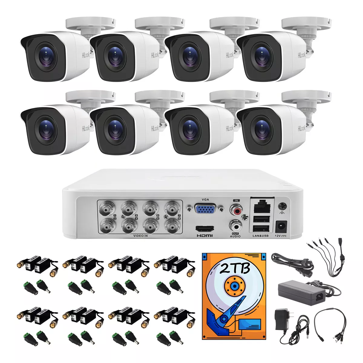 kit Circuito Cerrado Hilook Dvr 8 Canales 8 Camaras 1080p 2mp Full Hd Thc-b120-pc Video Baluns + Disco Duro 2tb