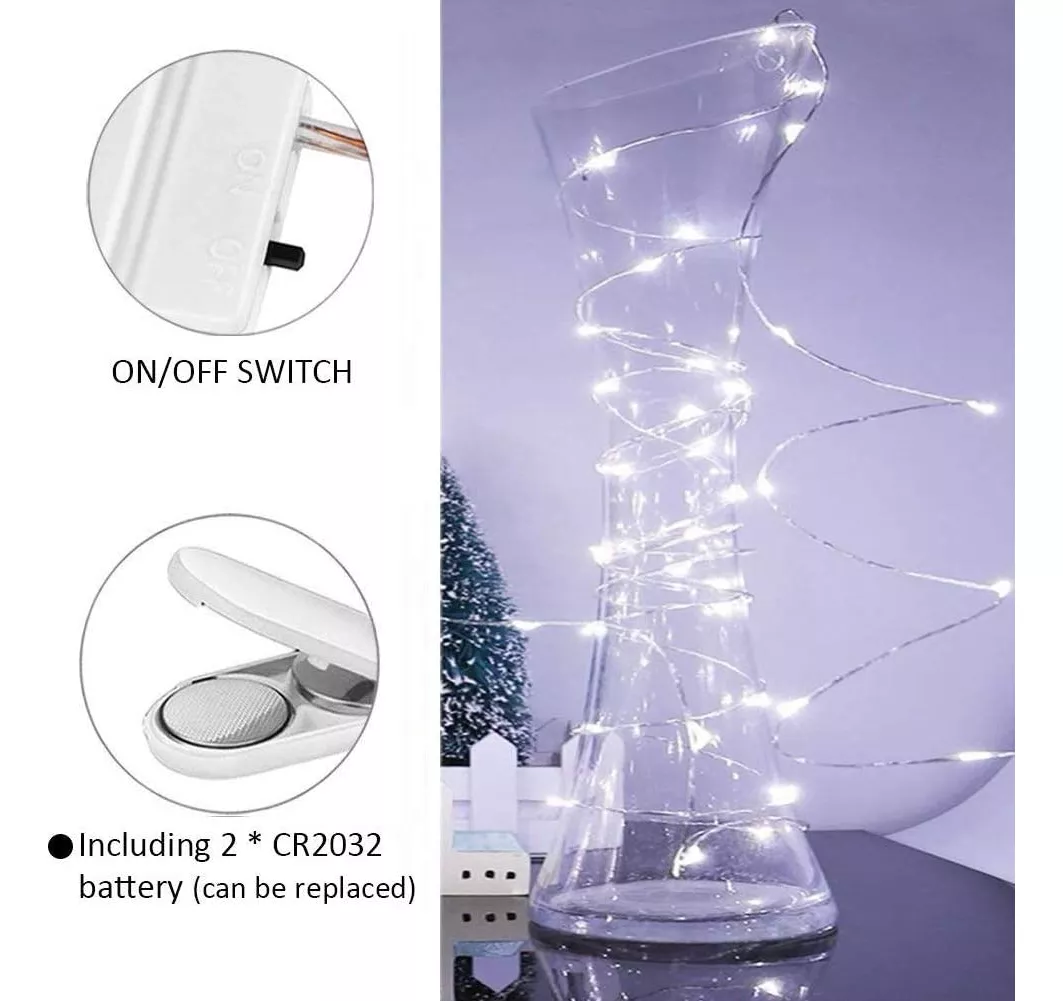 12pcs Cadena De Luces Hadas Con Pilas Dahan 20led*12pcs 2m de largo 5V-blanco frío con cable plateado