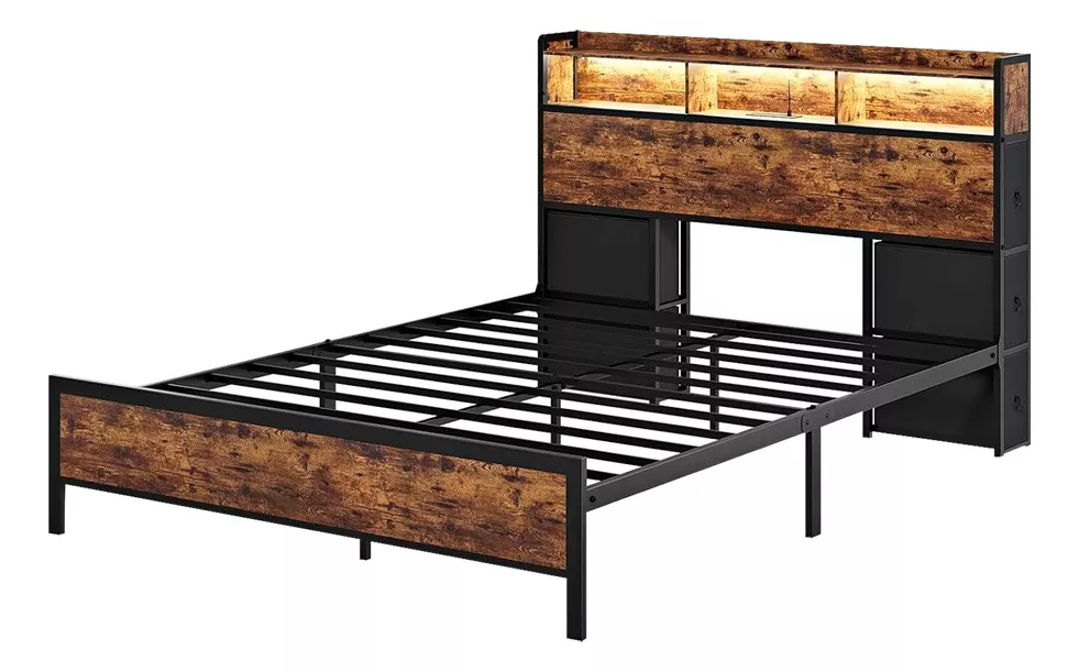 Base De Cama Queen Cabecera Con 6 Cajones Led Puertos Y Usb color Marr&oacute;n R&uacute;stico