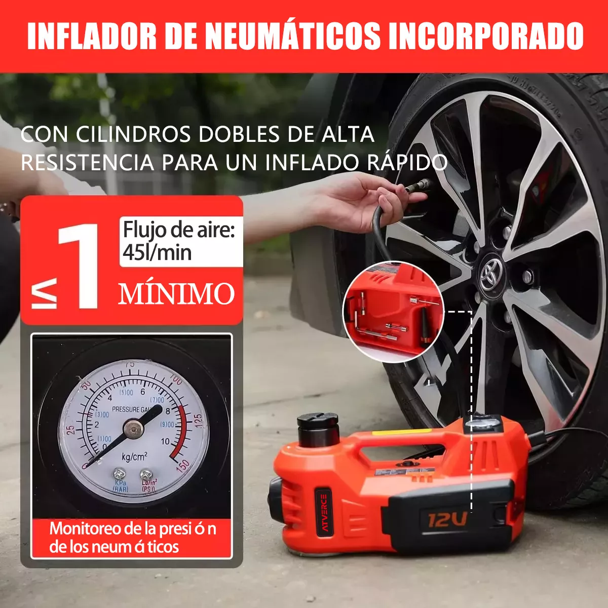 ATVERCE Gato Hidráulico Eléctrico Para Automóviles 12v 5 Ton 3 En 1