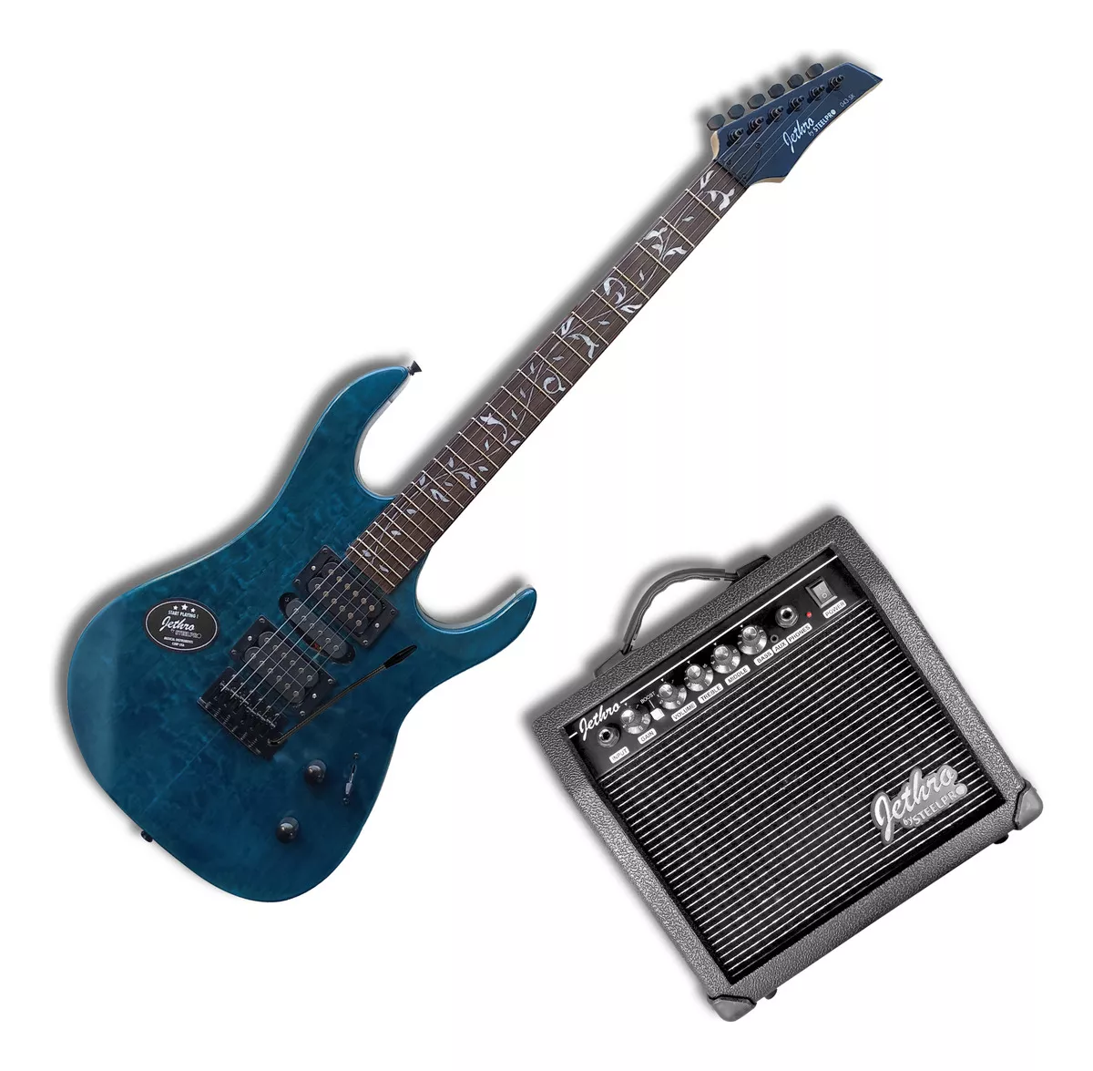 Paquete Guitarra Electrica Jethro Series By Steelpro 043-sk color QUILTED BLUE material del diapas&oacute;n ALAMO NEGRO Orientaci&oacute;n de la mano Diestro