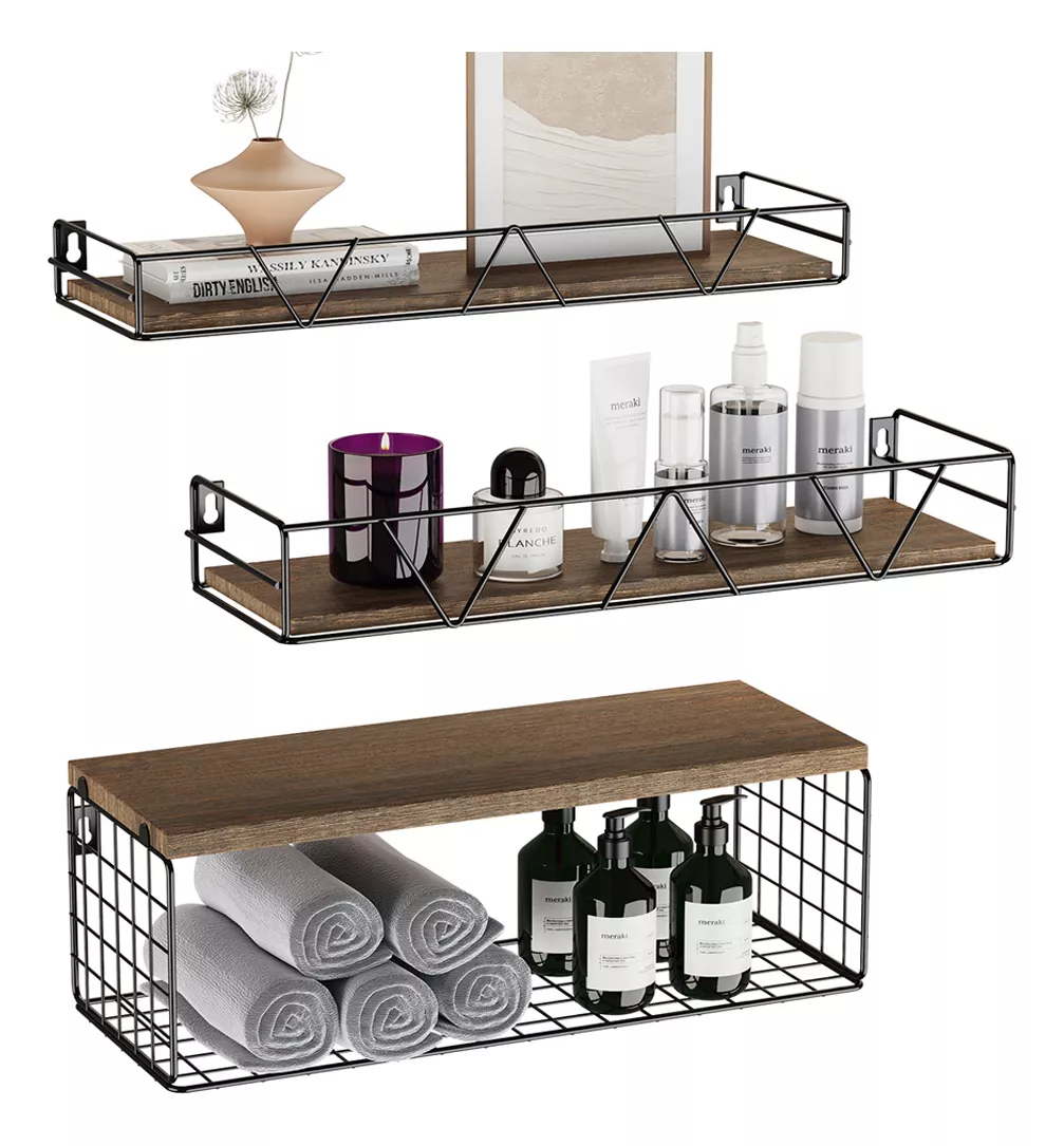 3 Uds Estantes Flotantes Lo Necesito Flotante KAL-FS-D Con Cesta Met&aacute;lica De Malla Hierro Montados En La Pare Con 4pcs Ganchos Met&aacute;lico Para Cocina Ba&ntilde;o Y Dormitorio marr&oacute;n Oscuro
