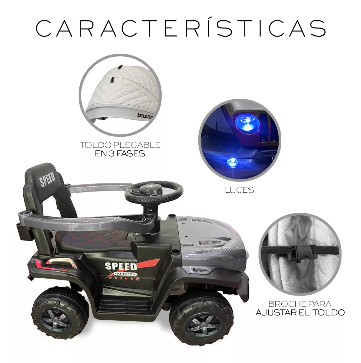 Carrito Montable Sombrilla Push auto Luces Y Sonido Niño