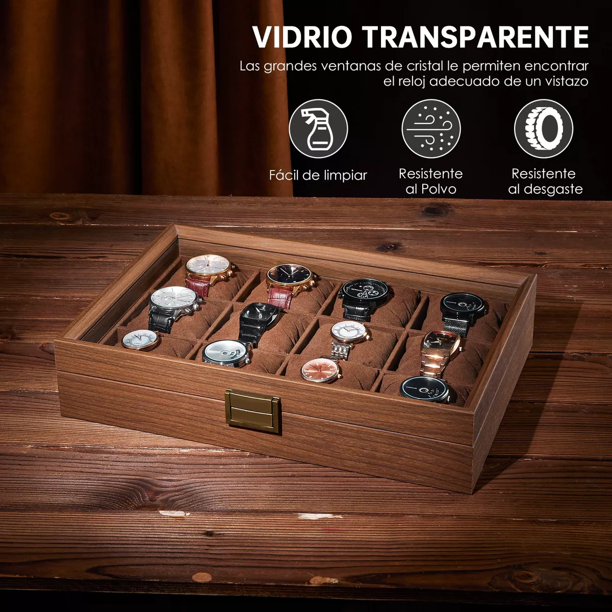 Caja Para Relojes Y Alhajero Con 12 Compartimentos En Nogal