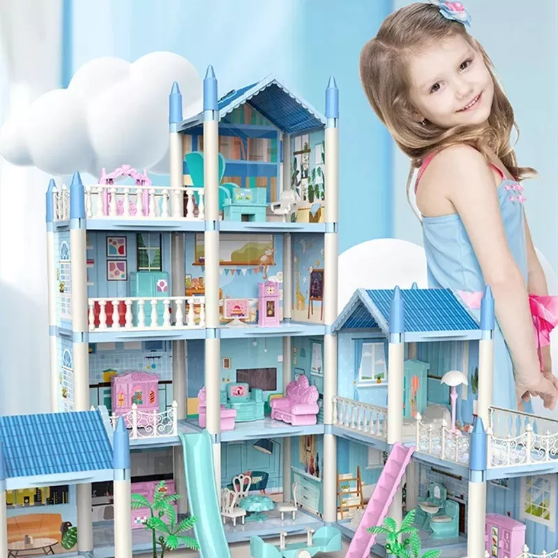 Casa de Muñecas Bricolaje azul con luces