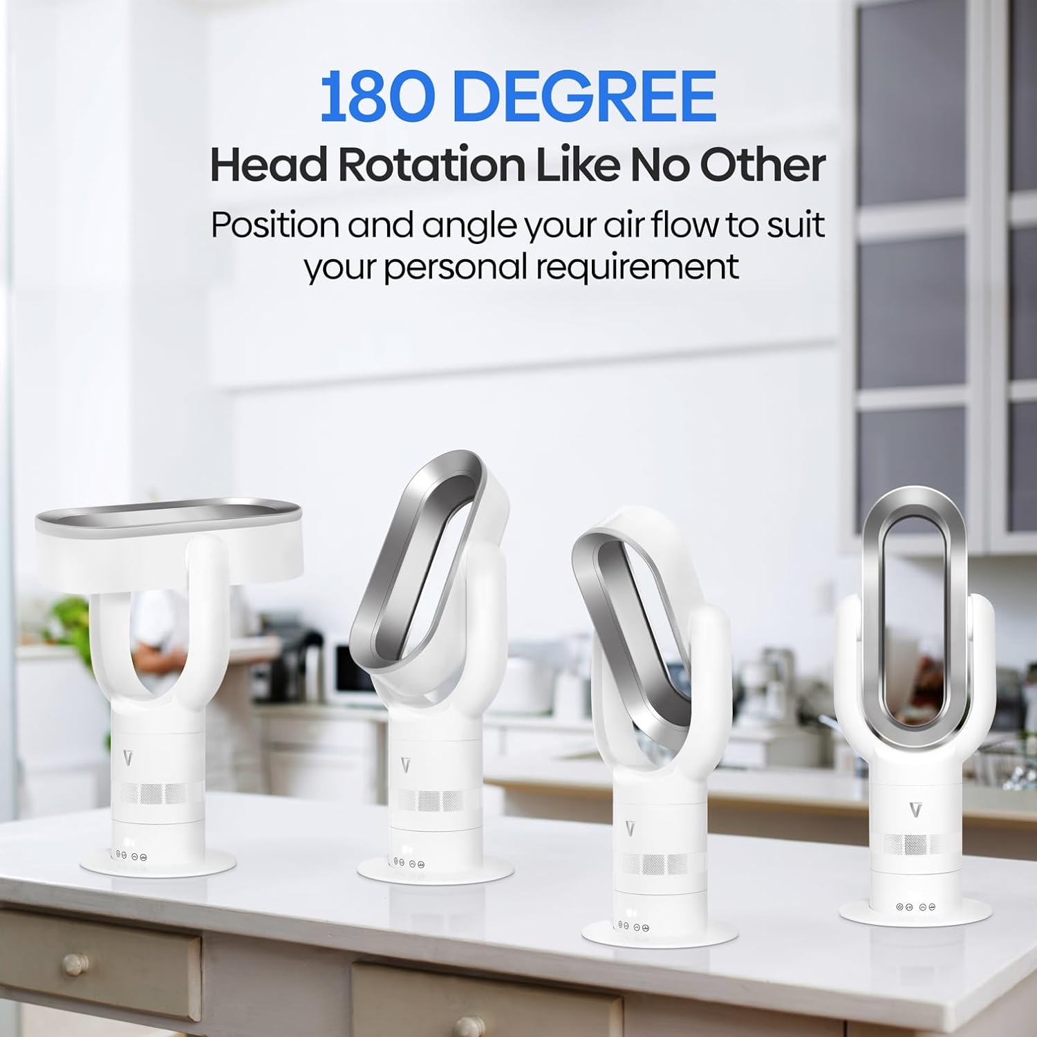 Calentador y enfriador sin aspas VORTEX AIR Pro en blanco y plateado-Ventilador de torre oscilante de piso moderno y silencioso con 10 configuraciones de velocidad ajustables-1.650W