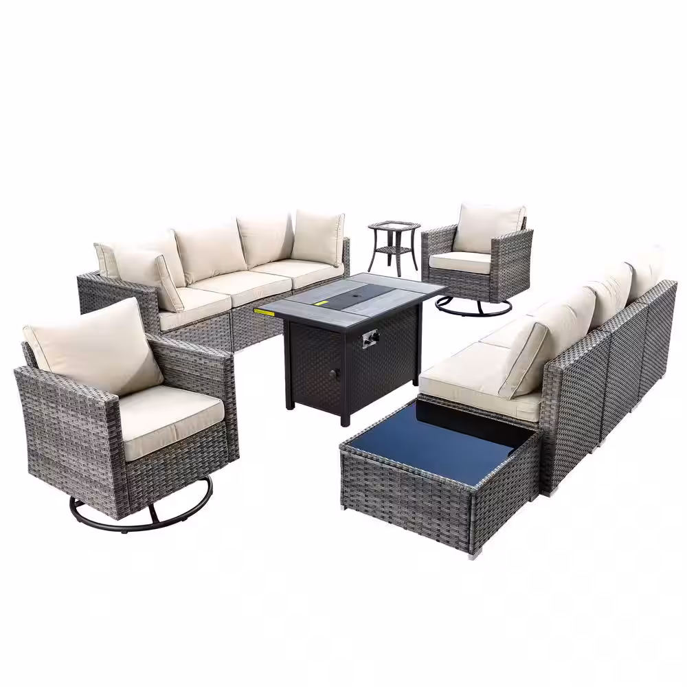 HOOOWOOO Messi Gray 11-Piece Wicker Outdoor Patio Conversation Sectional Sofa Fire Pit Set with Swivel Chairs and Beige Cushions MFP-YZHOP6011