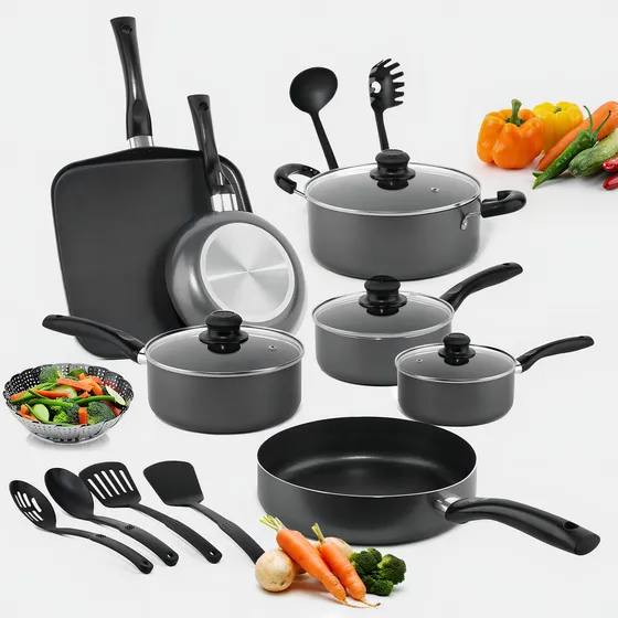 Batería De Cocina Orfeld 18 Piezas De Aluminio Con Antiadherente Set De Utensilios Cocina Color Negro