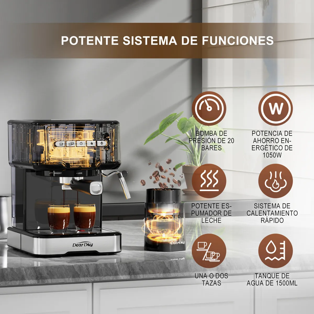 DEAR DAY Cafetera Espresso 20BAR DEAR-006 Equipada con Molino de Café Independiente Porta filtros para Cápsulas Jarra de Acero Inoxidable para Espuma de Leche Tamper Base Para Tamper Cuchara y Cepillo