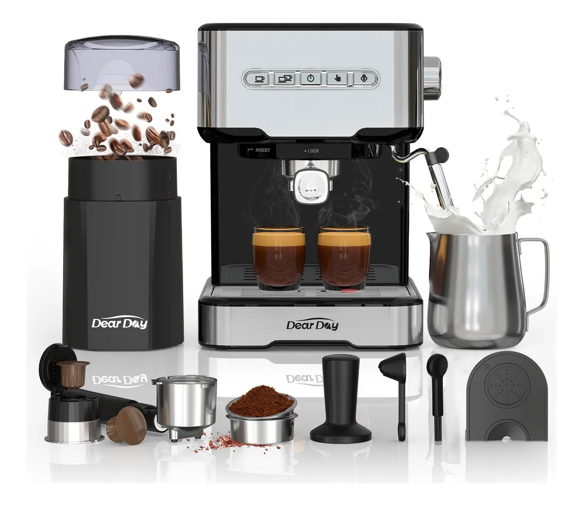 DEAR DAY Cafetera Espresso 20BAR DEAR-006 Equipada con Molino de Café Independiente Porta filtros para Cápsulas Jarra de Acero Inoxidable para Espuma de Leche Tamper Base Para Tamper Cuchara y Cepillo