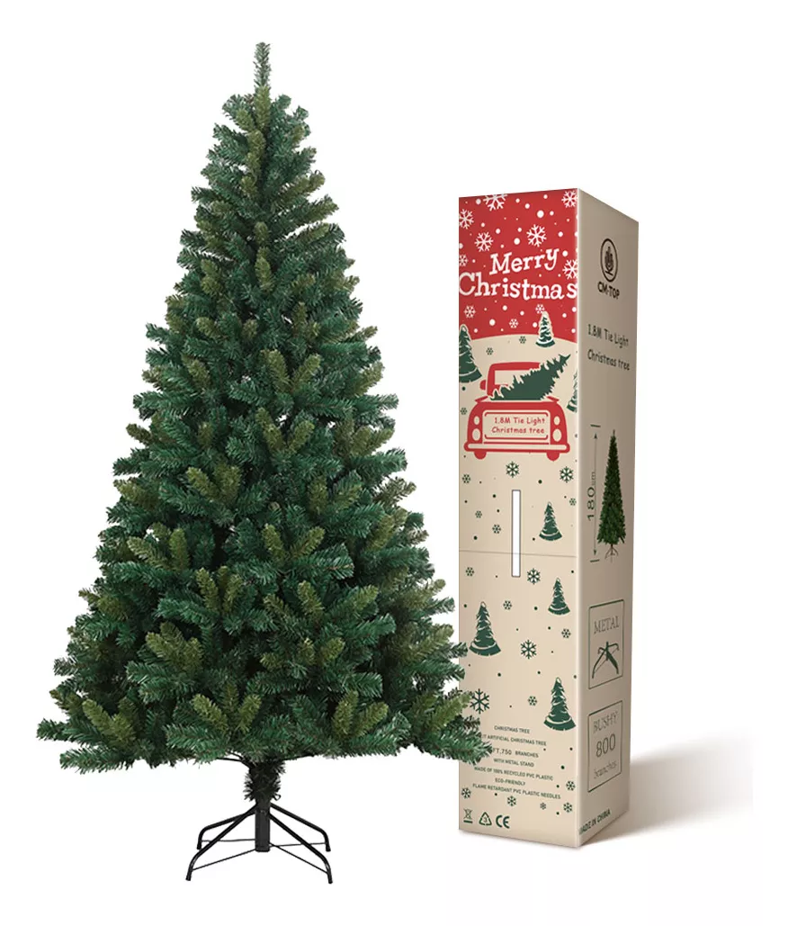 Árbol De Navidad Artificial 1.80 M CM-TOP Verde Pino Frondoso Con Soporte De Metal 800 Ramas Decoración Navideña