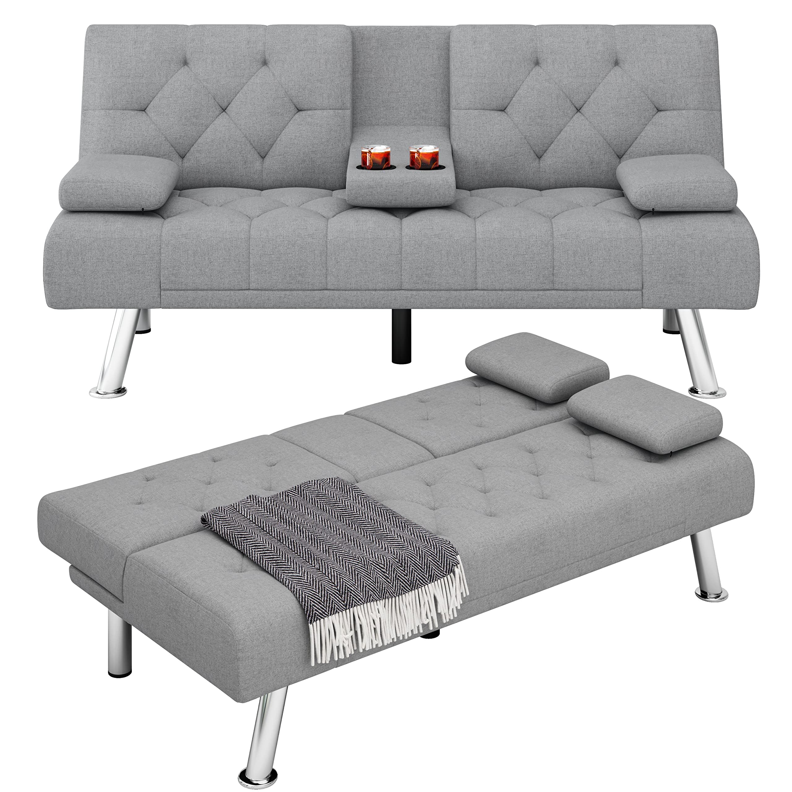Homfa Sofá cama futón convertible, sofá cama plegable de 66.3 pulgadas con reposabrazos extraíbles y 2 portavasos para sala de estar, acabado gris