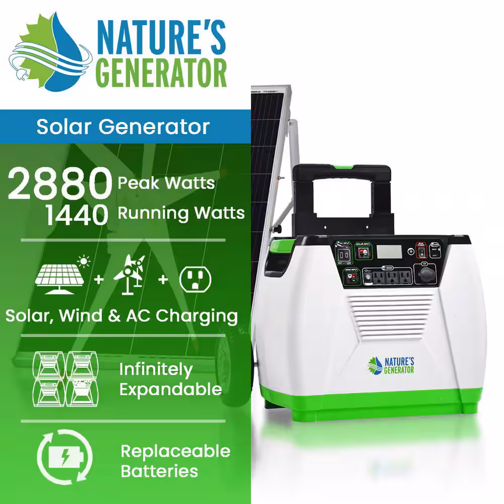 NATURE'S GENERATOR 1800-Watt/2880W Peak Push Button Start Solar Powered Portable Generator with Wind Turbine and One 100W Solar Panel HKNGAUWE