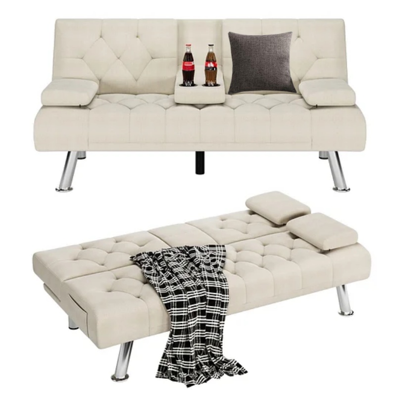 Homfa Sofá cama futón convertible, sofá cama plegable de 66.3 pulgadas con reposabrazos extraíbles y 2 portavasos para sala de estar, acabado gris
