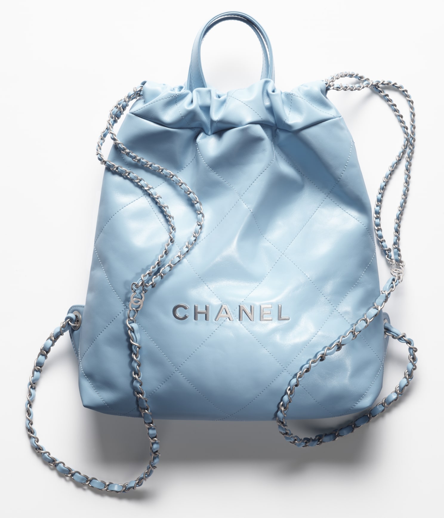 CHANEL 22 BACKPACK Calfskin & Silver Metal Light Blue