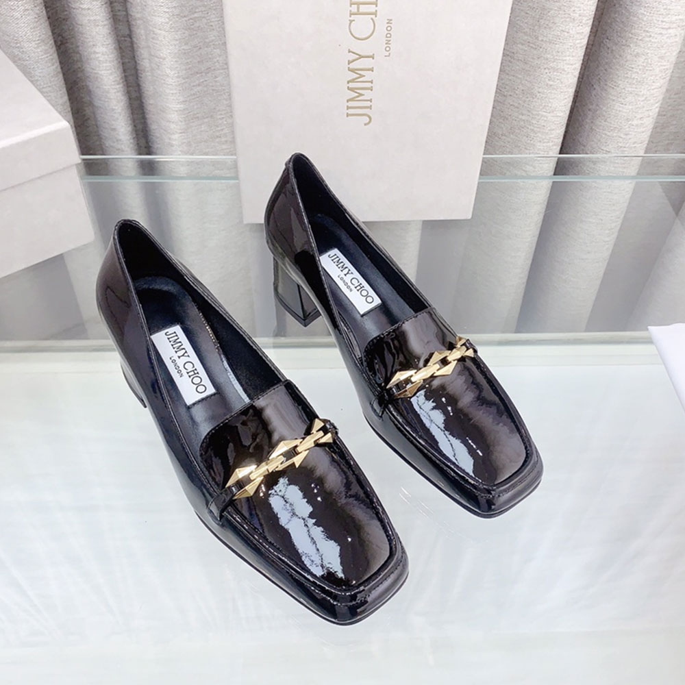 Jimmy Choo Patent Leather 5CM Thick Heel Slide Sandal