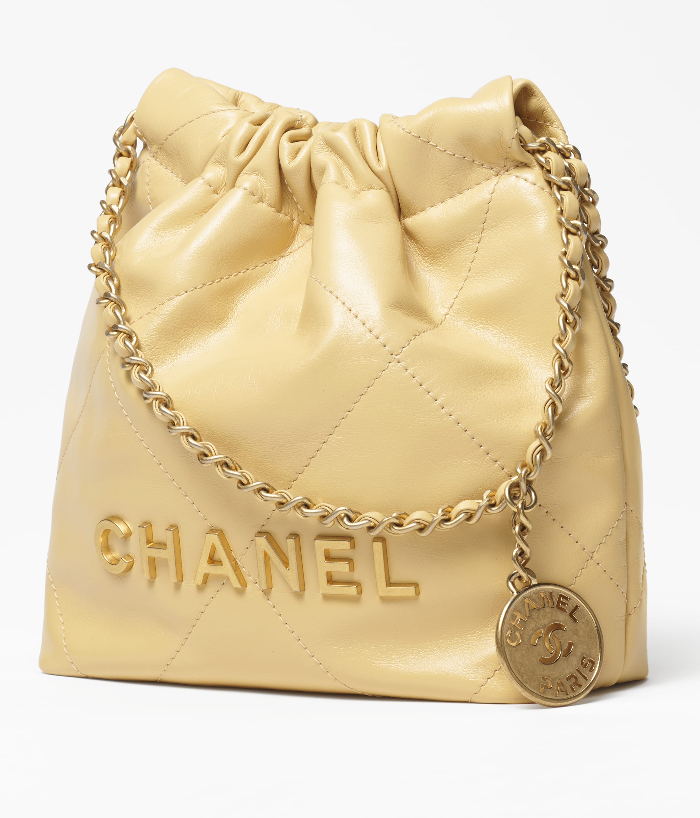 CHANEL 22 MINI HANDBAG Shiny Calfskin & Gold-Tone Metal Yellow