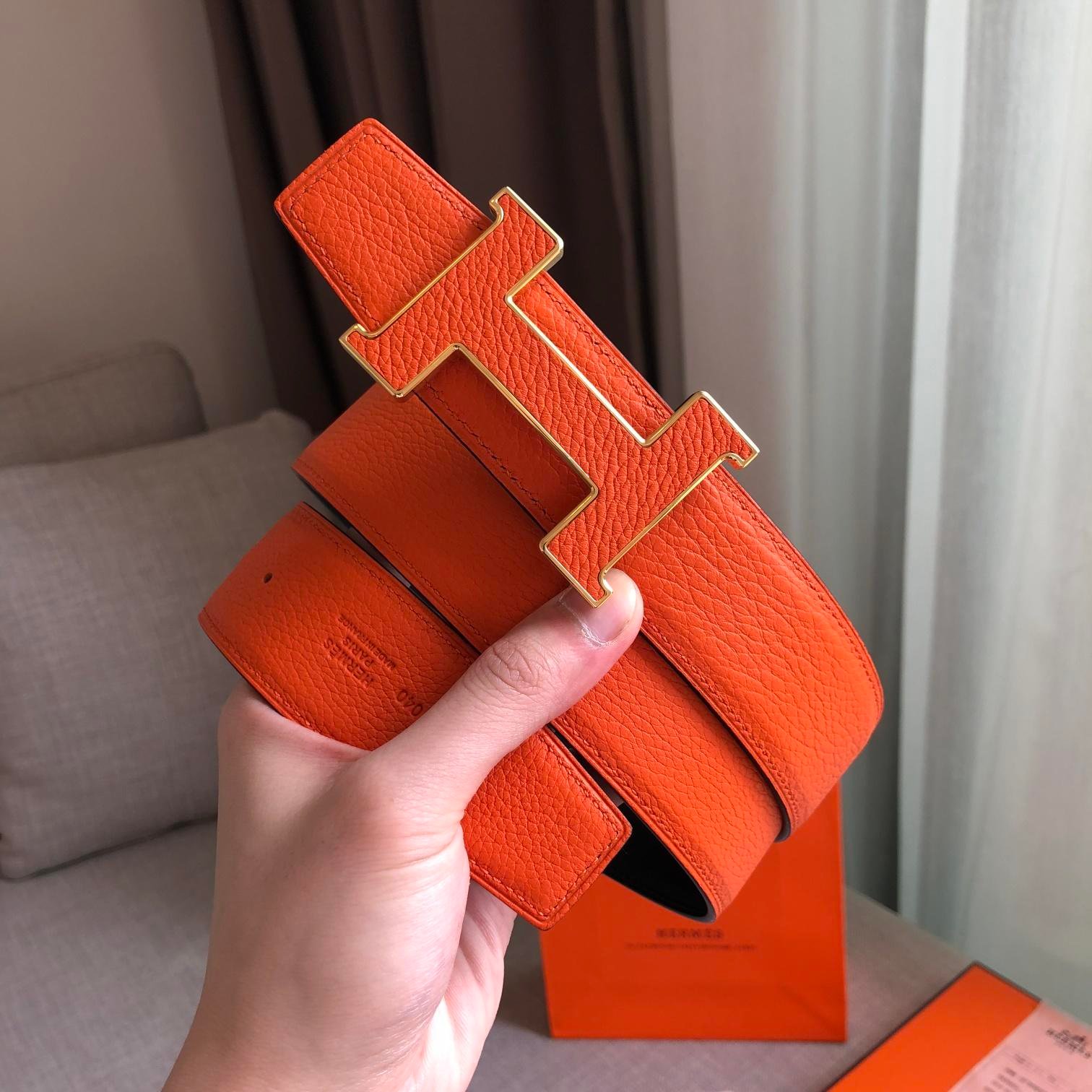 Hermes H Guillochee Belt Buckle & Reversible Strap Orange For Women, Women Belt 380MM
