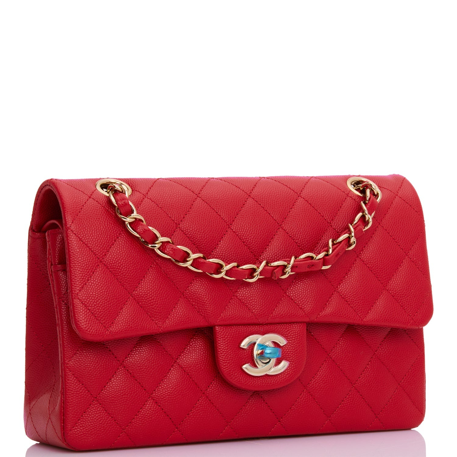 Chanel Classic Flag Bag Small Classic Double Flap Red Caviar Light Gold Hardware