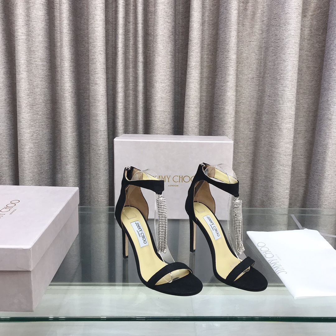 Jimmy Choo 10CM Fine Heel Velvet Black Slide Sandal